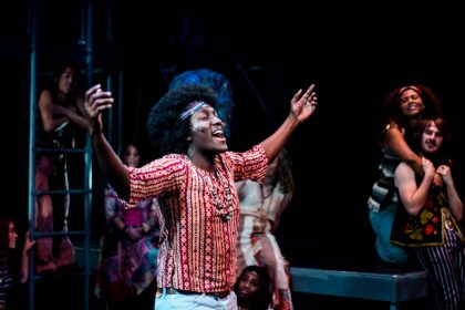 Click here to visit the Theatre department's website. Students from the theatre department in the performance of Hair in spring of 2018.