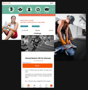 Three different photos. One of the Race in a Box website, a screen grab of the app on a phone, and one with a woman typing her shoe with a blue kettlebell at her feet. 